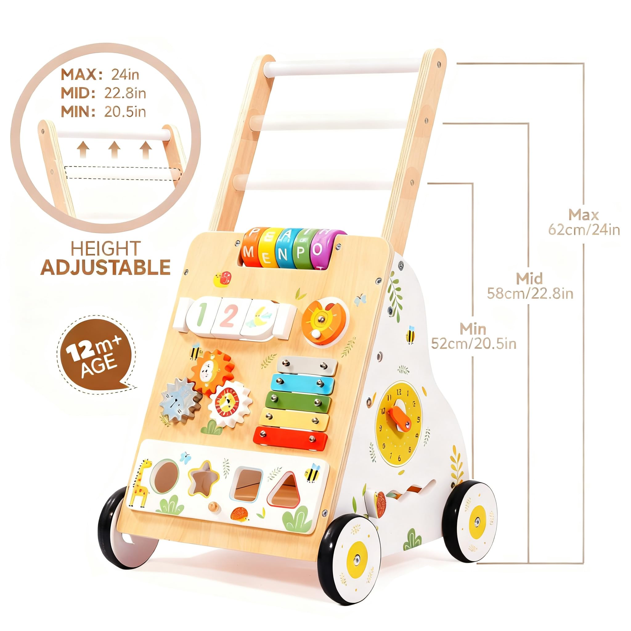 ZippyZebra Wooden Baby Walker with Wheels – Adjustable Speed & Montessori Center