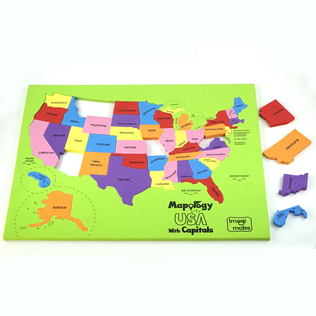 Imagimake Mapology capital stickers align with state pieces to mark capitals.