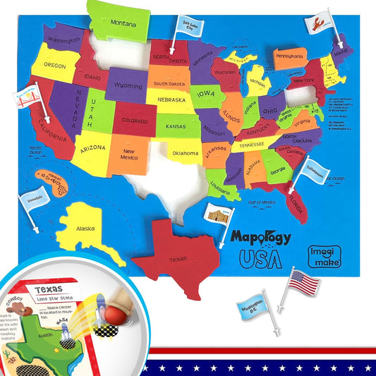 Imagimake Mapology US puzzle frame showing 50 states for hands-on learning.
