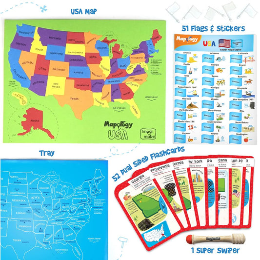 Imagimake Mapology US states flashcards teaching capitals and key facts.
