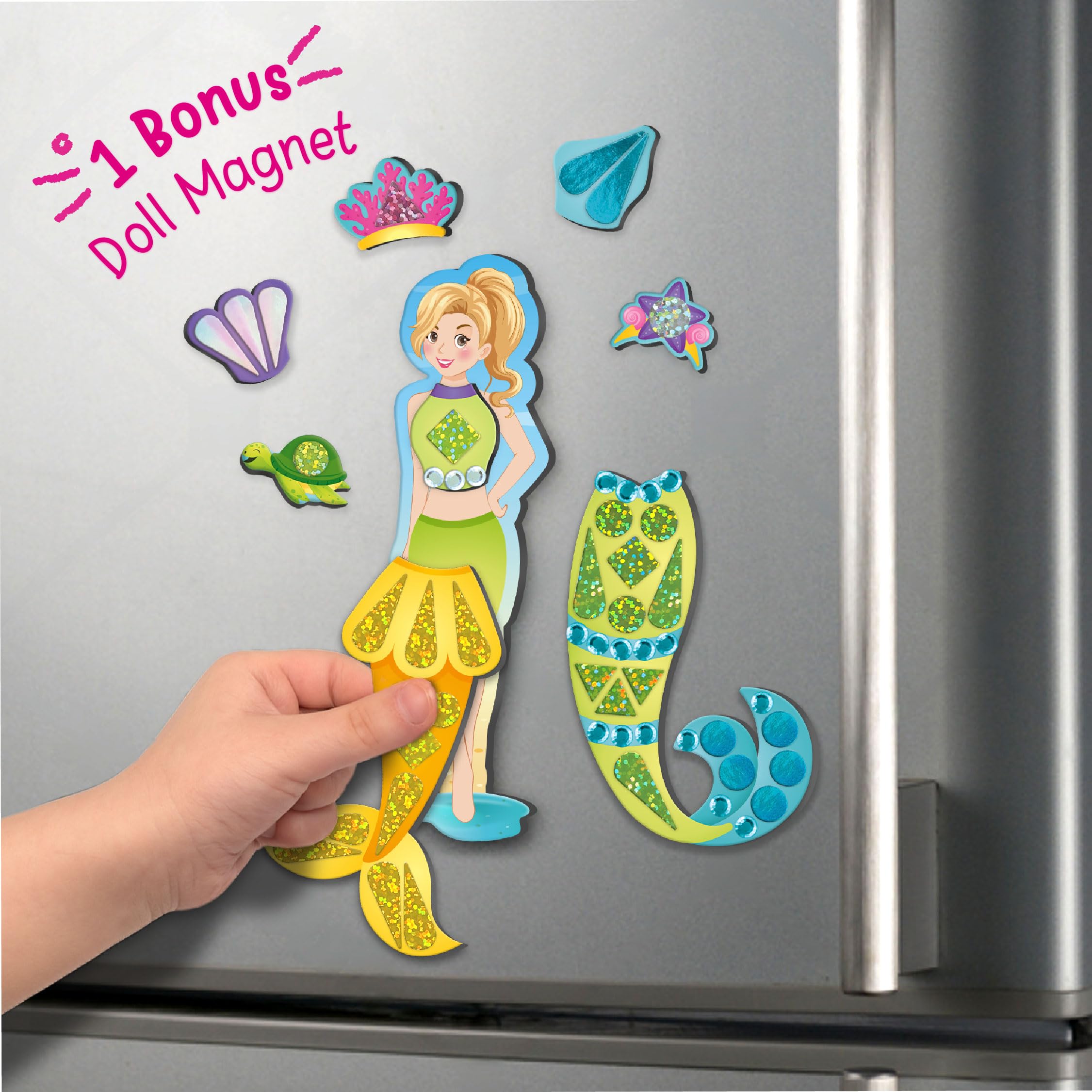 Imagimake studio decorating stickers for customized mermaid looks.