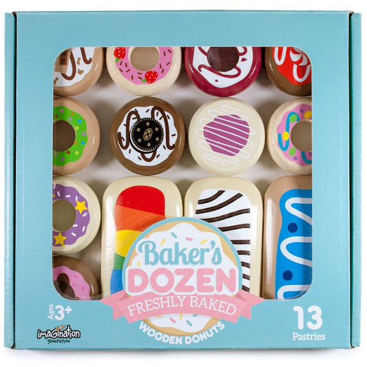 Imagination Generation Bakers Dozen wooden donuts set showcases colorful play pastries for creative pretend dining
