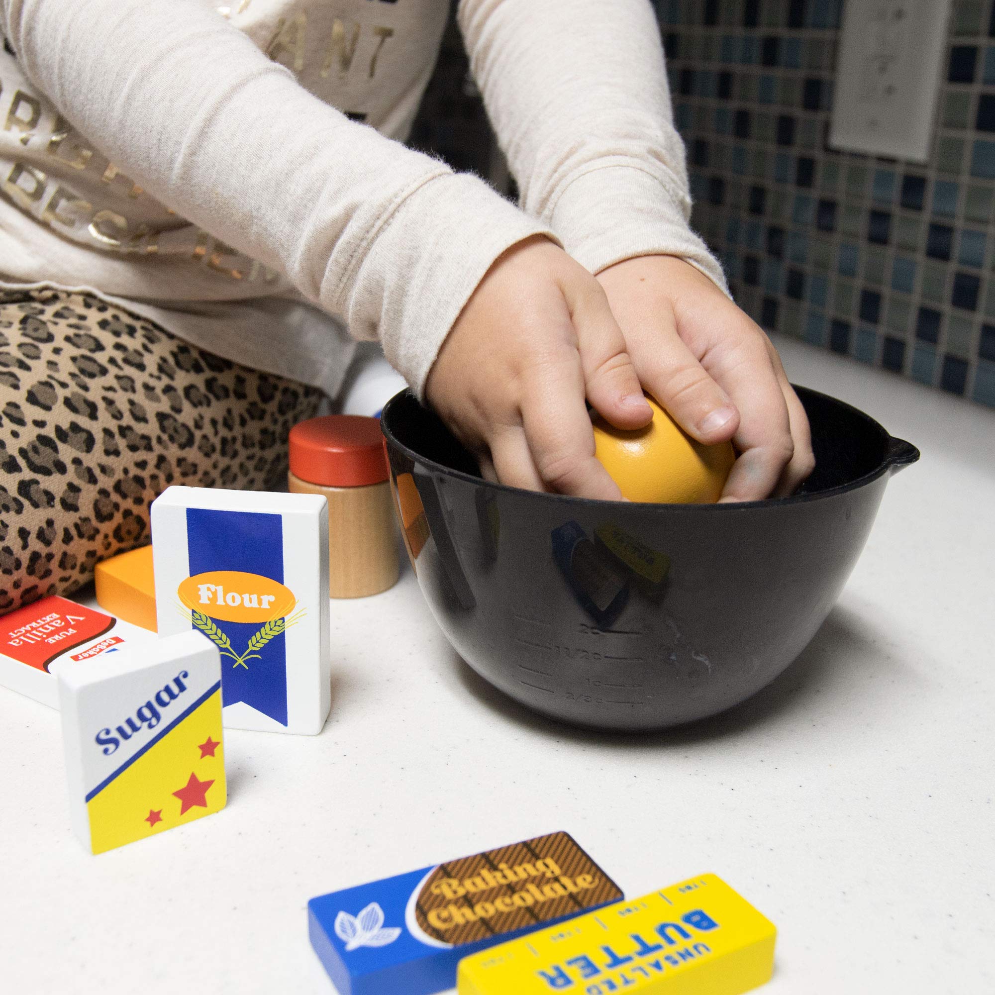 Imagination Generation Baker's Mart milk carton in kid-friendly play kitchen