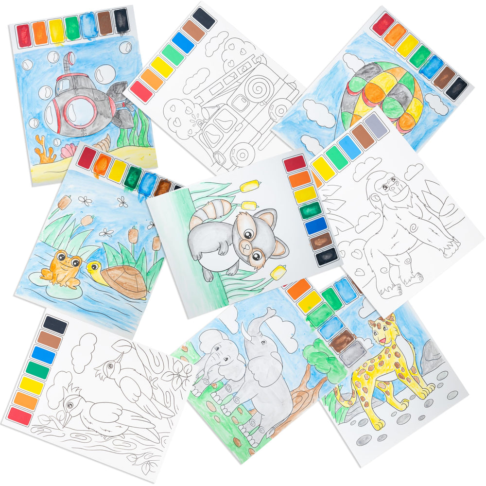 Imagination Works Paint with Water embedded palette on page; spill-free art.