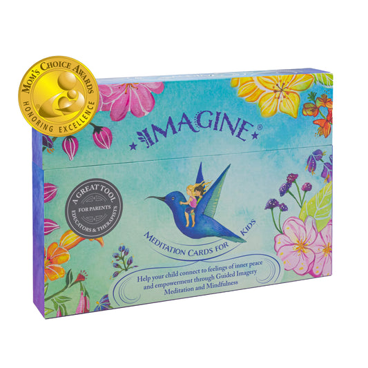 Imagine Meditation Cards for Kids award kit cover with calming visuals to boost focus