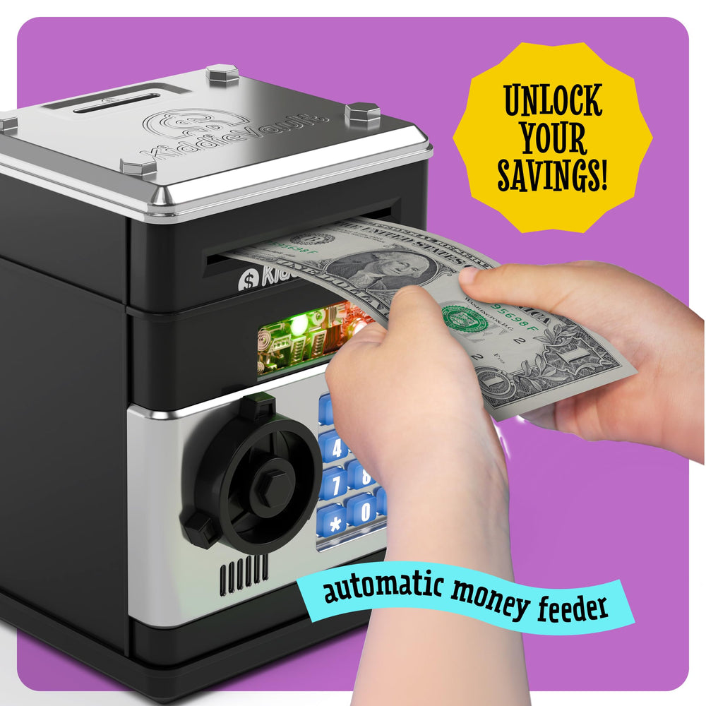 Imagineers KiddieVault automatic-money-feeder deposits with lights and sounds to engage kids.