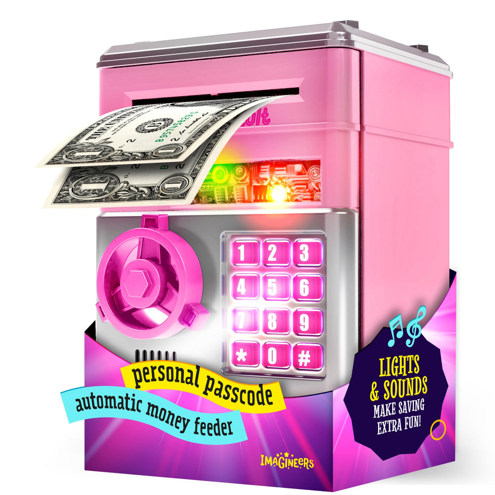 Imagineers KiddieVault front view with passcode lock helps kids manage savings.