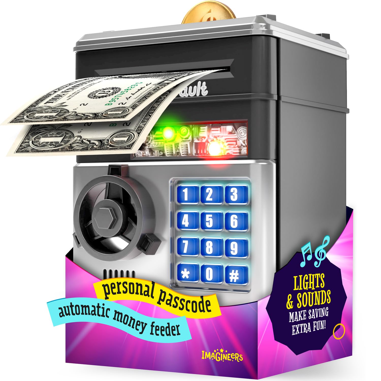 Imagineers KiddieVault secret-passcode keeps savings secure for kids.