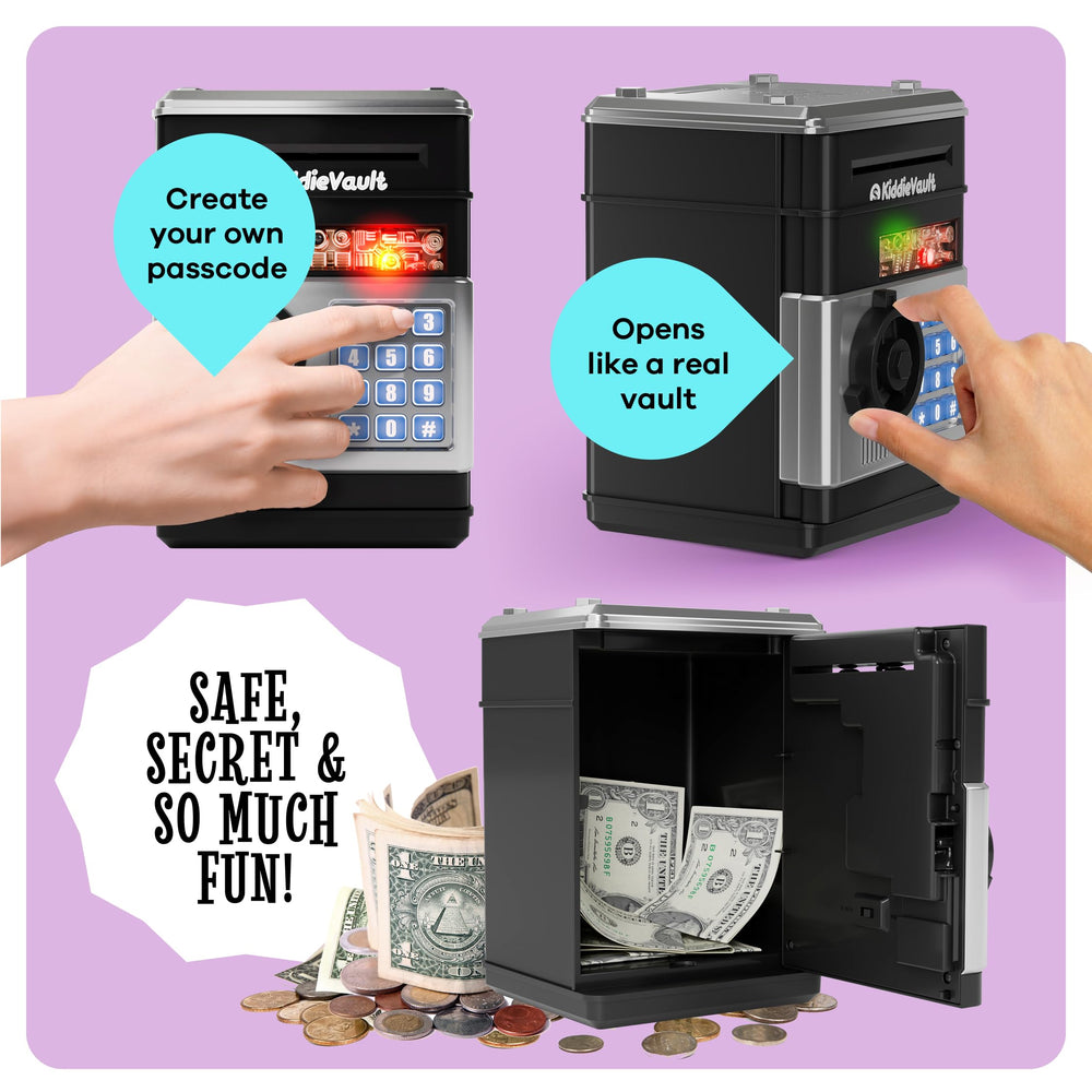 Imagineers KiddieVault secure-door opens like a safe, encouraging responsible handling of money.
