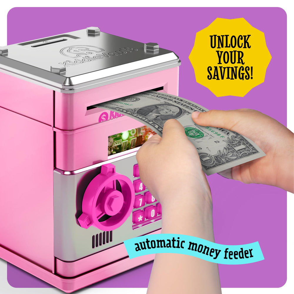 Imagineers KiddieVault side view highlights automatic money feeder and playful lights.