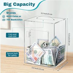Imeepa transparent savings box with large capacity for coins and bills.
