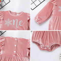 IMEKIS one velvet romper with shiny One text for milestone celebrations.