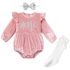 IMEKIS Winter Onederland velvet bubble romper with snowflake for cozy photoshoots.