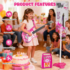 imeshbean pink toy guitar with microphone for kids, easy pretend performances and sing-alongs