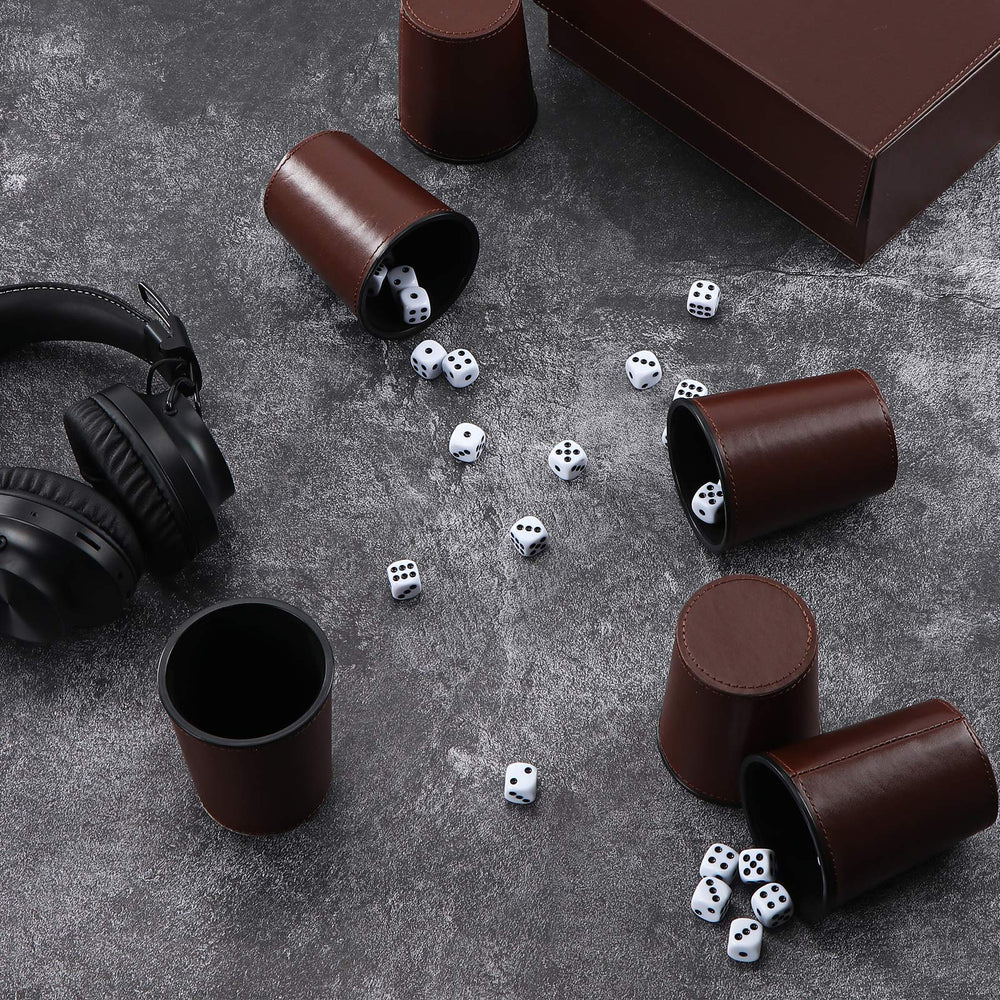 Exclusive faux leather storage case keeping dice and cups organized.