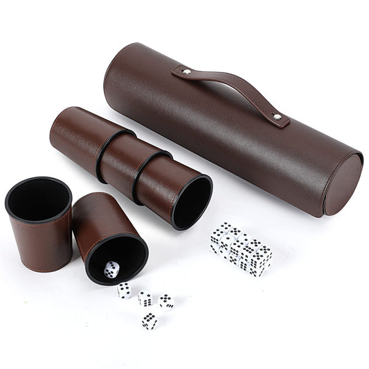 ImnBest Party Games Leather Dice Cups Set with five cups and case.