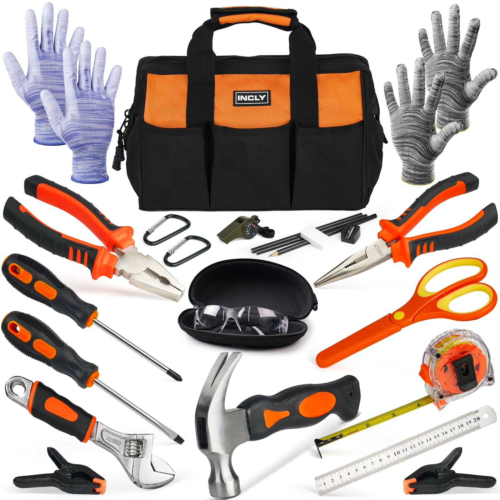 INCLY Kids Real Tool Set hammer close-up, ideal for budding builders and hands-on projects.