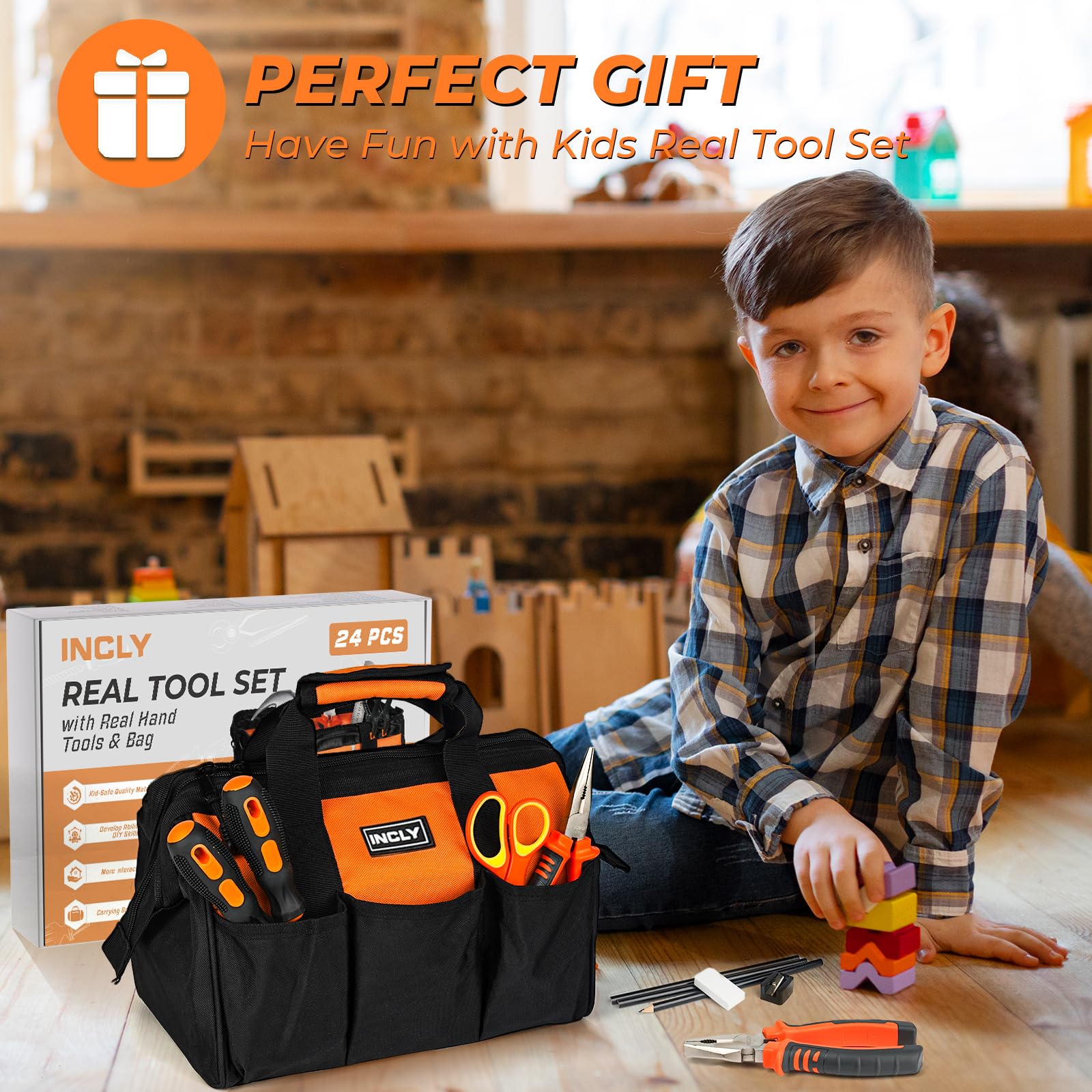 INCLY Kids Real Tool Set measuring tape and ruler, aids precise planning.