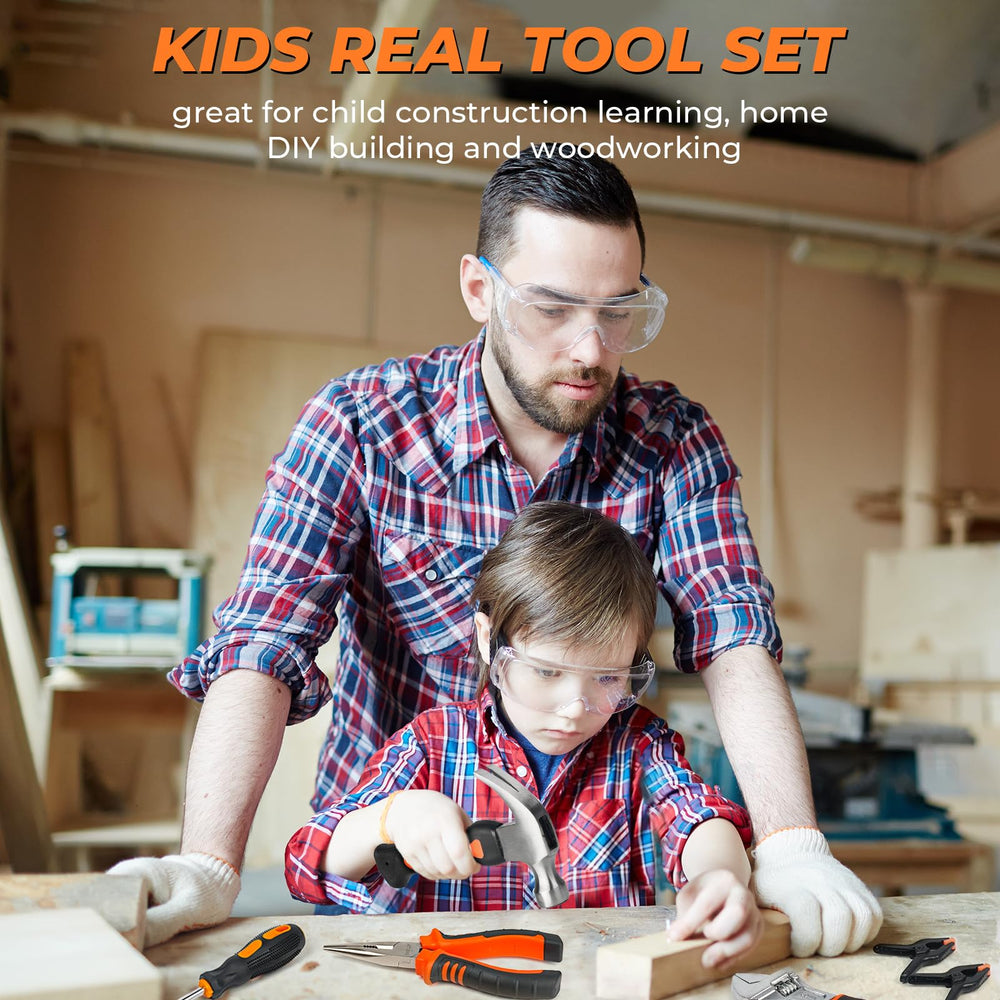 INCLY Kids Real Tool Set scissors and gloves, safety-first construction play.