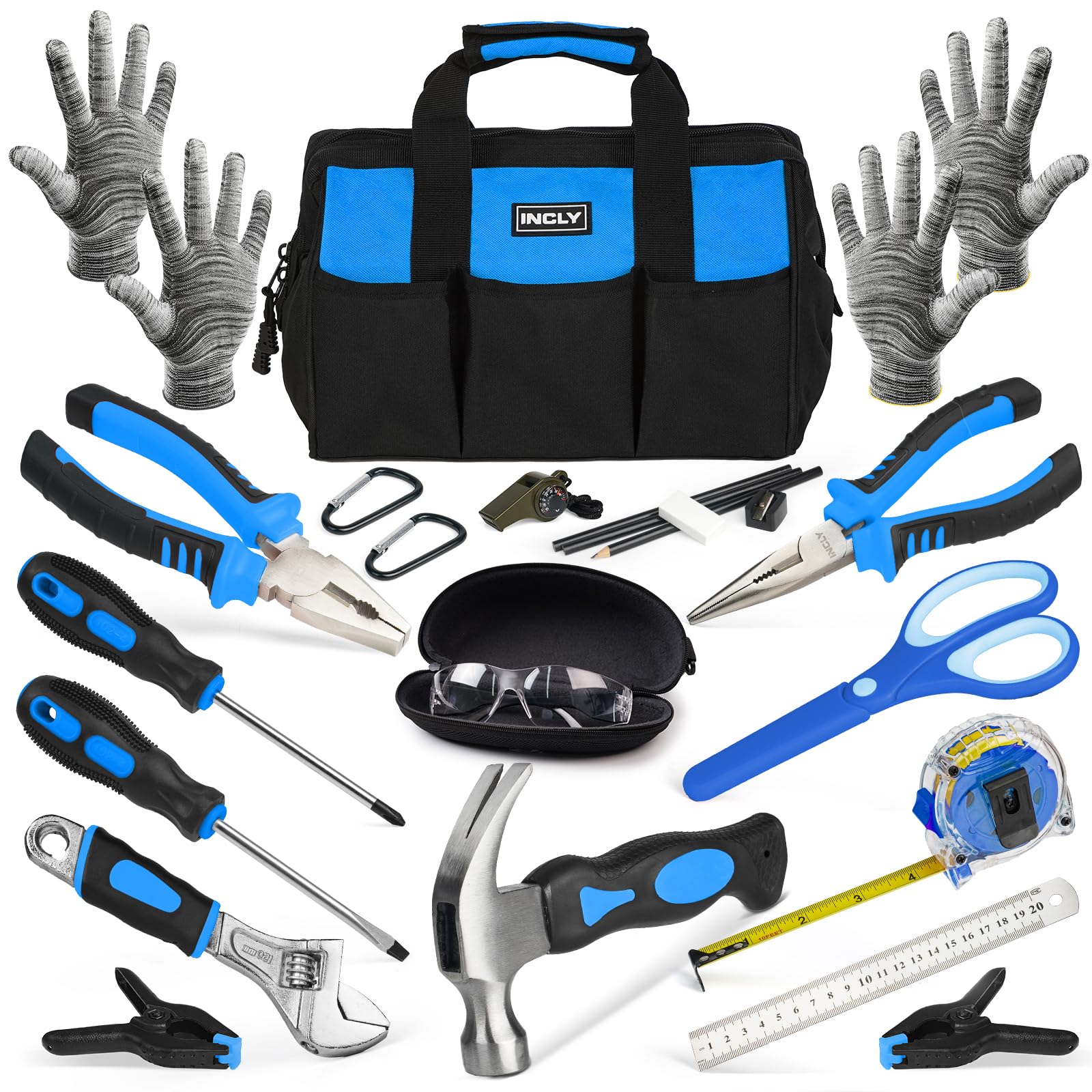 INCLY 24pcs kids real tool set in a durable bag for home DIY projects