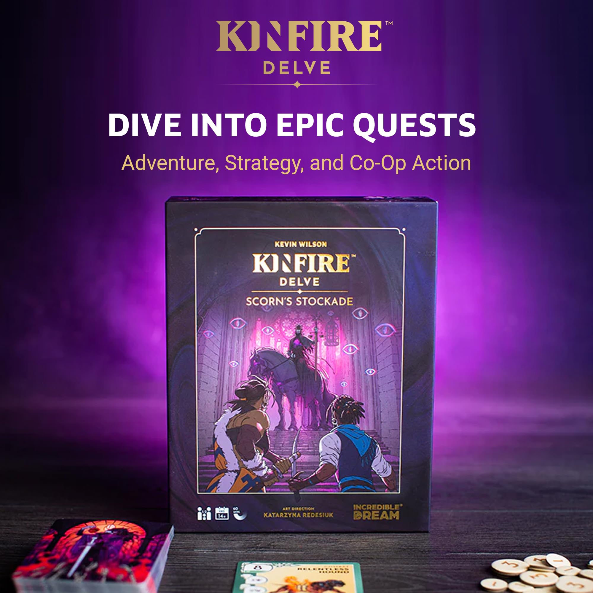 Incredible Dream Kinfire Delve dice and cards highlight risk-balanced strategy.