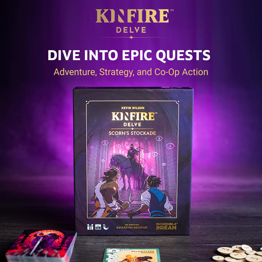 Incredible Dream Kinfire Delve dice and cards highlight risk-balanced strategy.