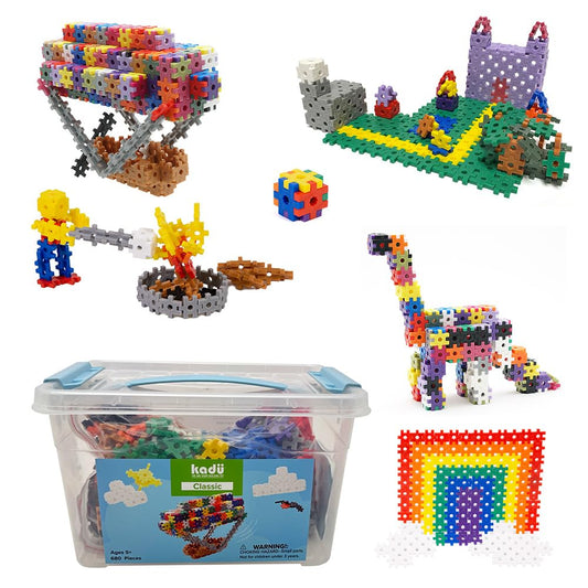 Incredibly Interconnectable Toys KADU storage tub with rainbow pieces for easy cleanup and play