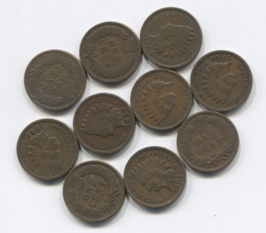 Indian Head Pennies collection: ten antique coins, two pre-1900, ideal for display or starter collection.