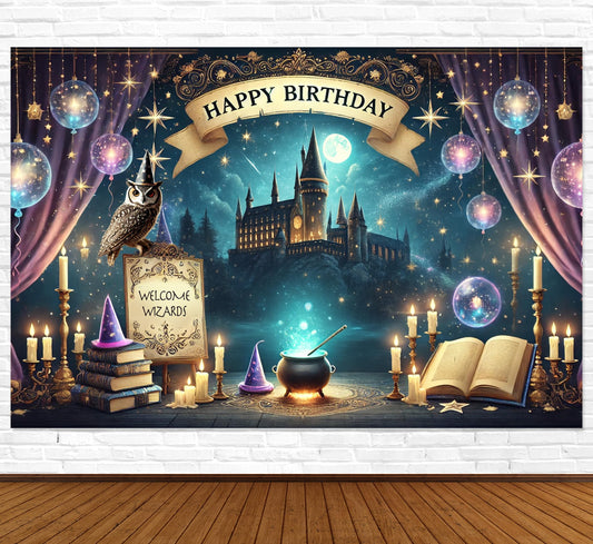 IndoTribe Wizard Happy Birthday Backdrop 6x4ft creates a photo-worthy magical scene.