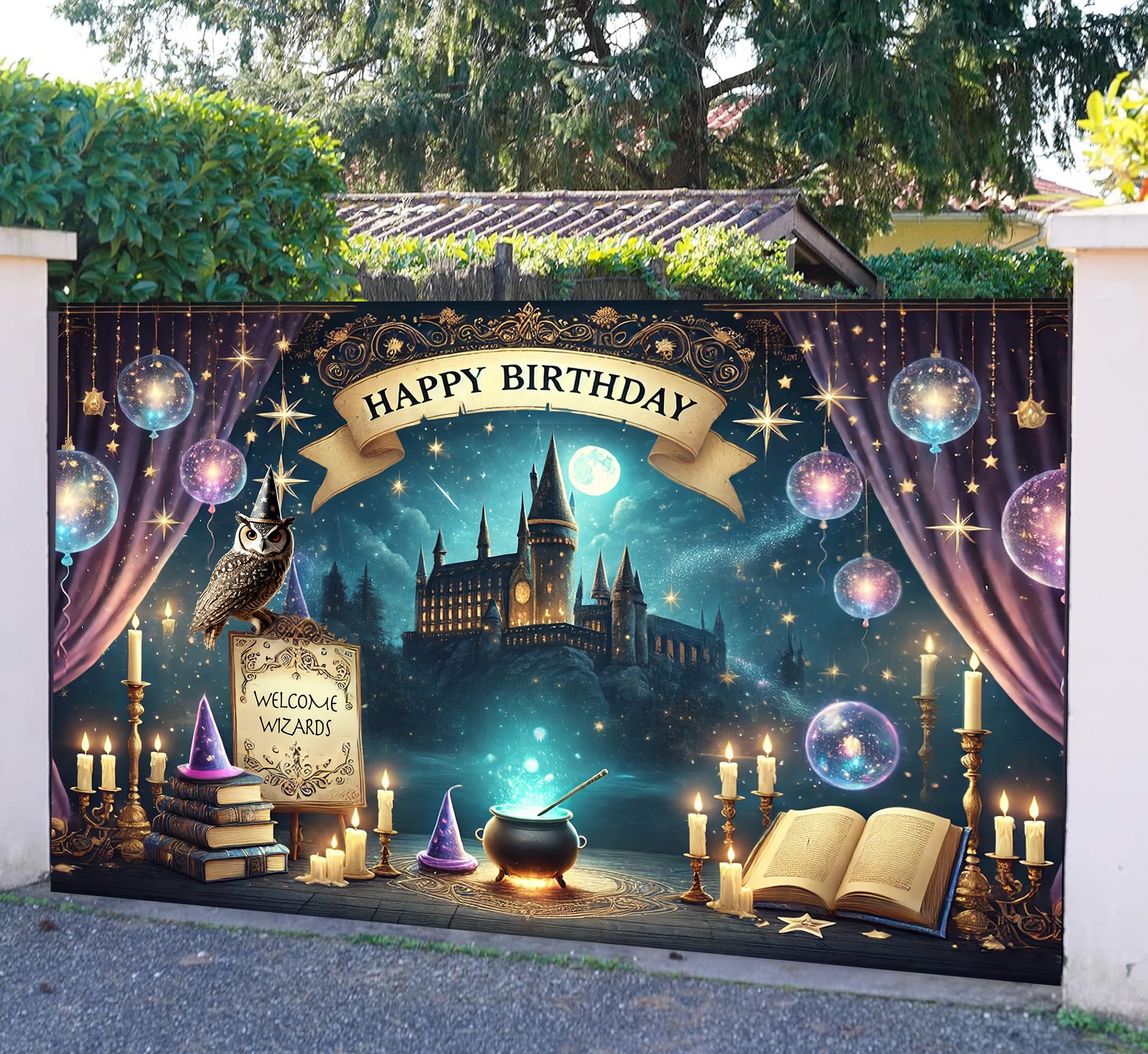 IndoTribe wizard-theme backdrop decor showcases bold black and gold accents for a classy party vibe.