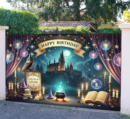IndoTribe wizard-theme backdrop decor showcases bold black and gold accents for a classy party vibe.