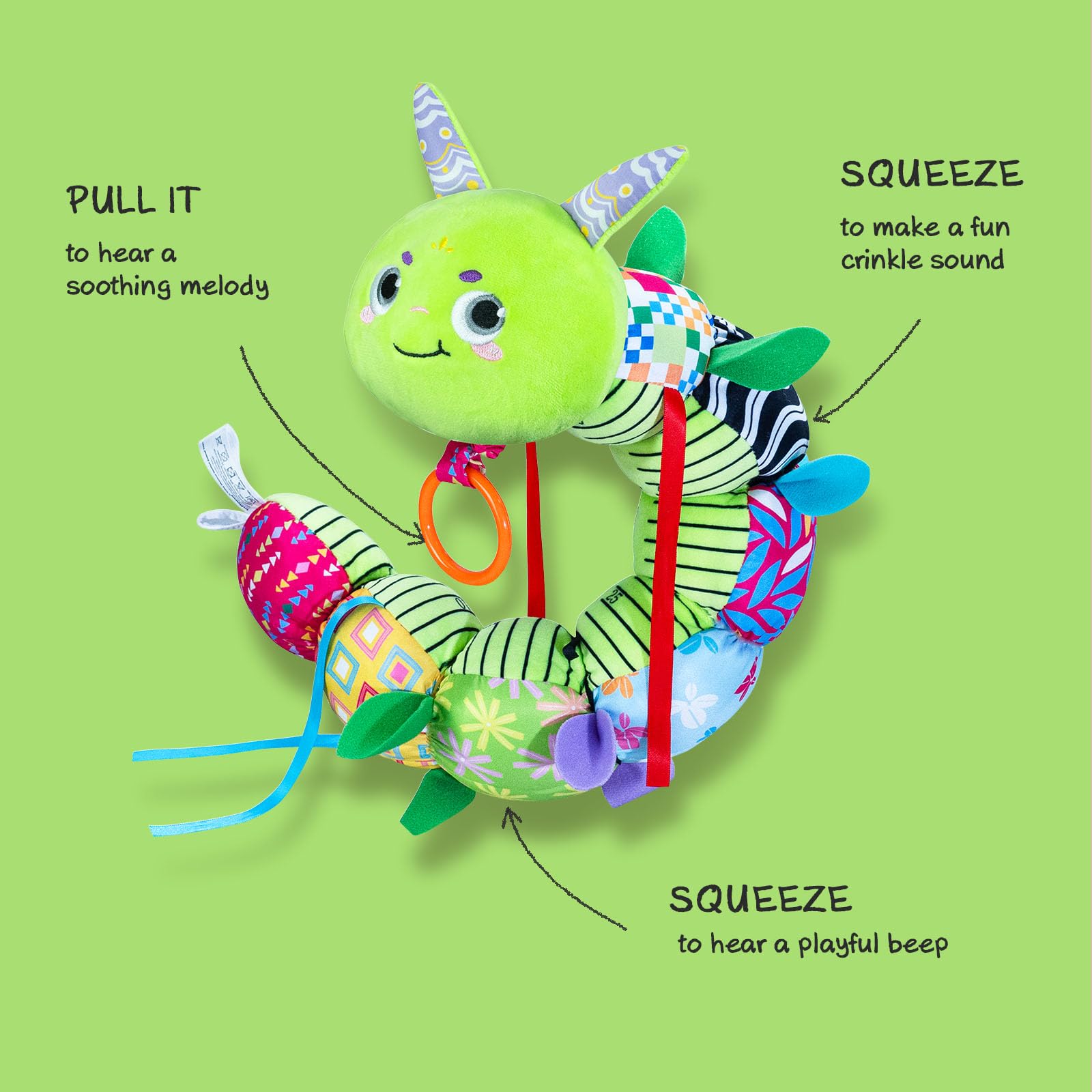 Infinno Caterpillar Green fabric variety featuring crinkle textures for tactile play.