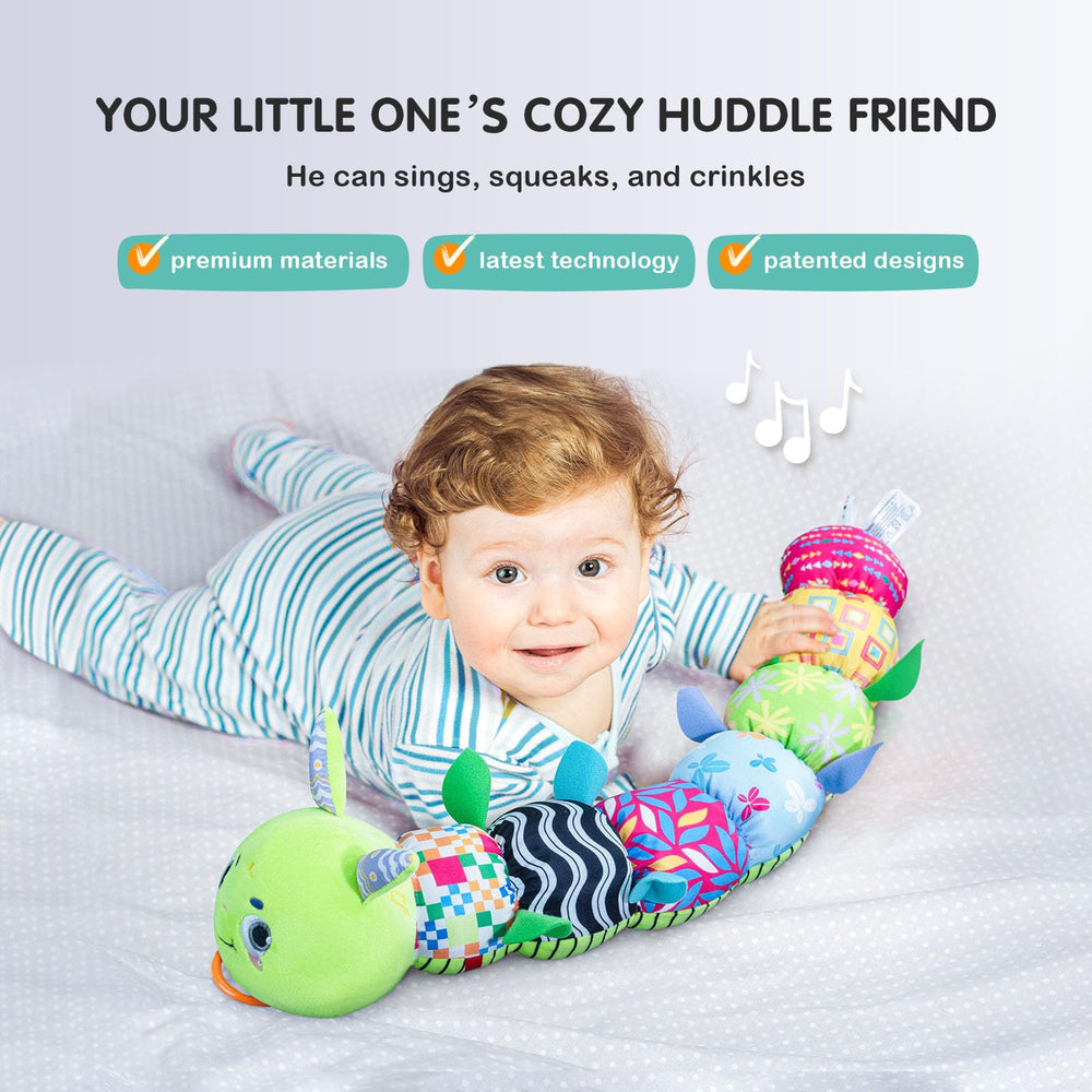 Infinno Caterpillar Green plush with music-head invites little hands to explore sounds.