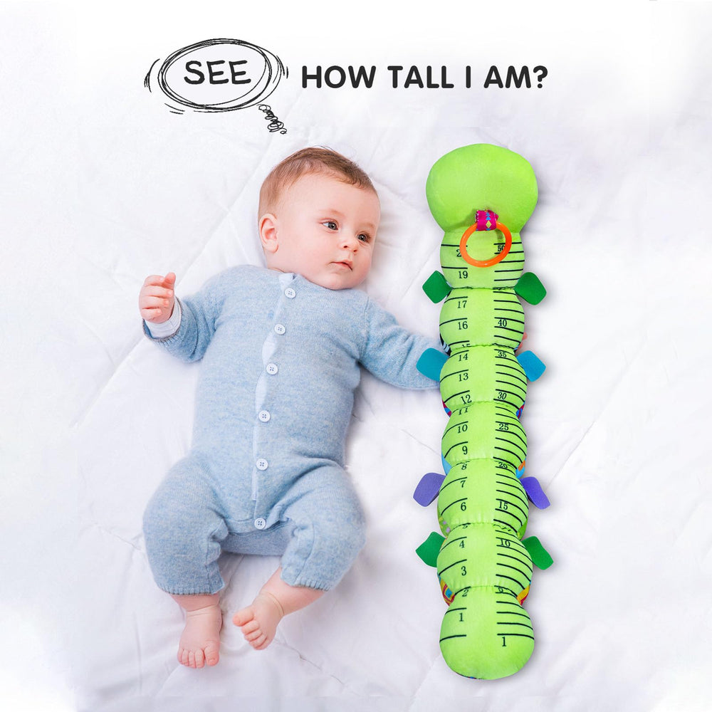 Infinno Caterpillar Green toy with rattles-tail aids auditory discovery during play.