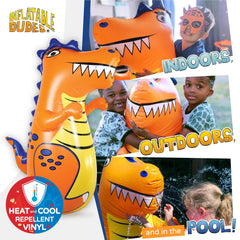 Inflatable Dudes dinosaur toy 47in front view highlighting vivid T-Rex design for imaginative play.