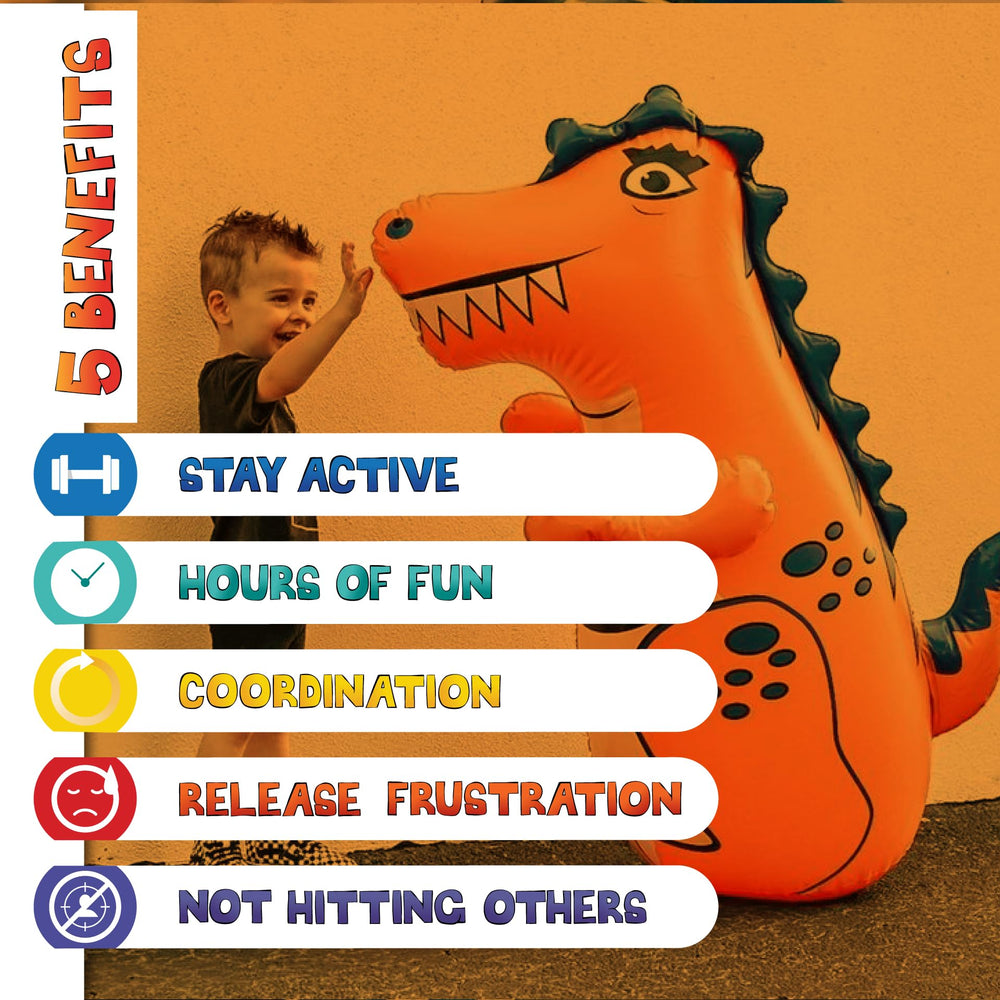 Inflatable Dudes dinosaur toy with repair patch included for long-lasting fun.