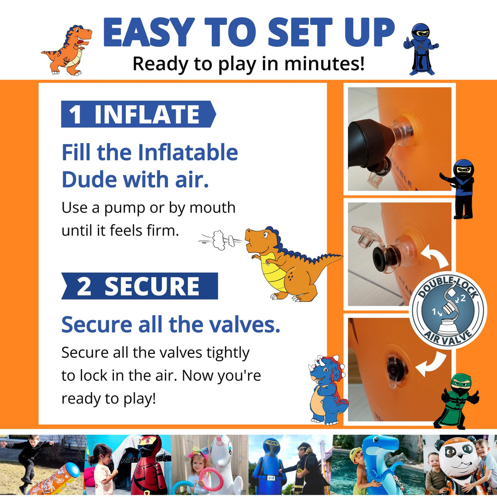 Inflatable Dudes dinosaur toy made from durable vinyl for outdoor or indoor use.