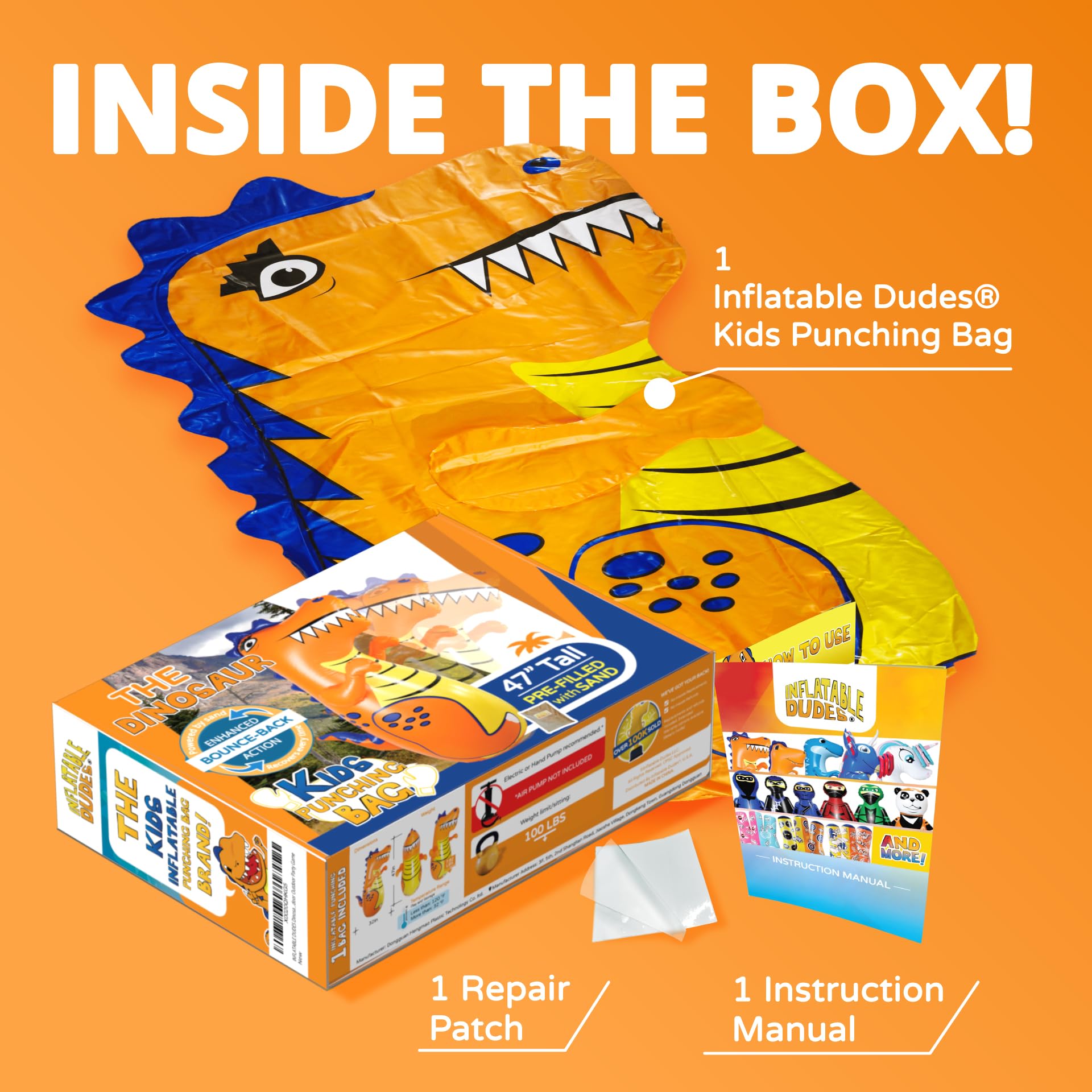 Inflatable Dudes dinosaur toy showing bounce-back action for energetic play.