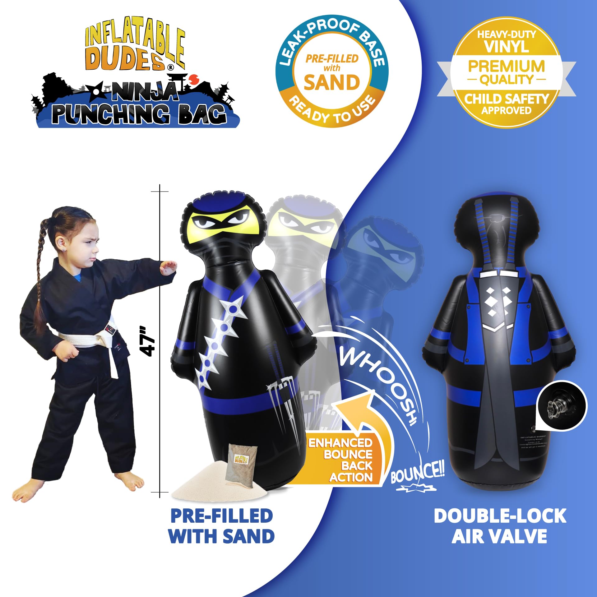Inflatable Dudes Ninja Toy kid in action punching for active play.