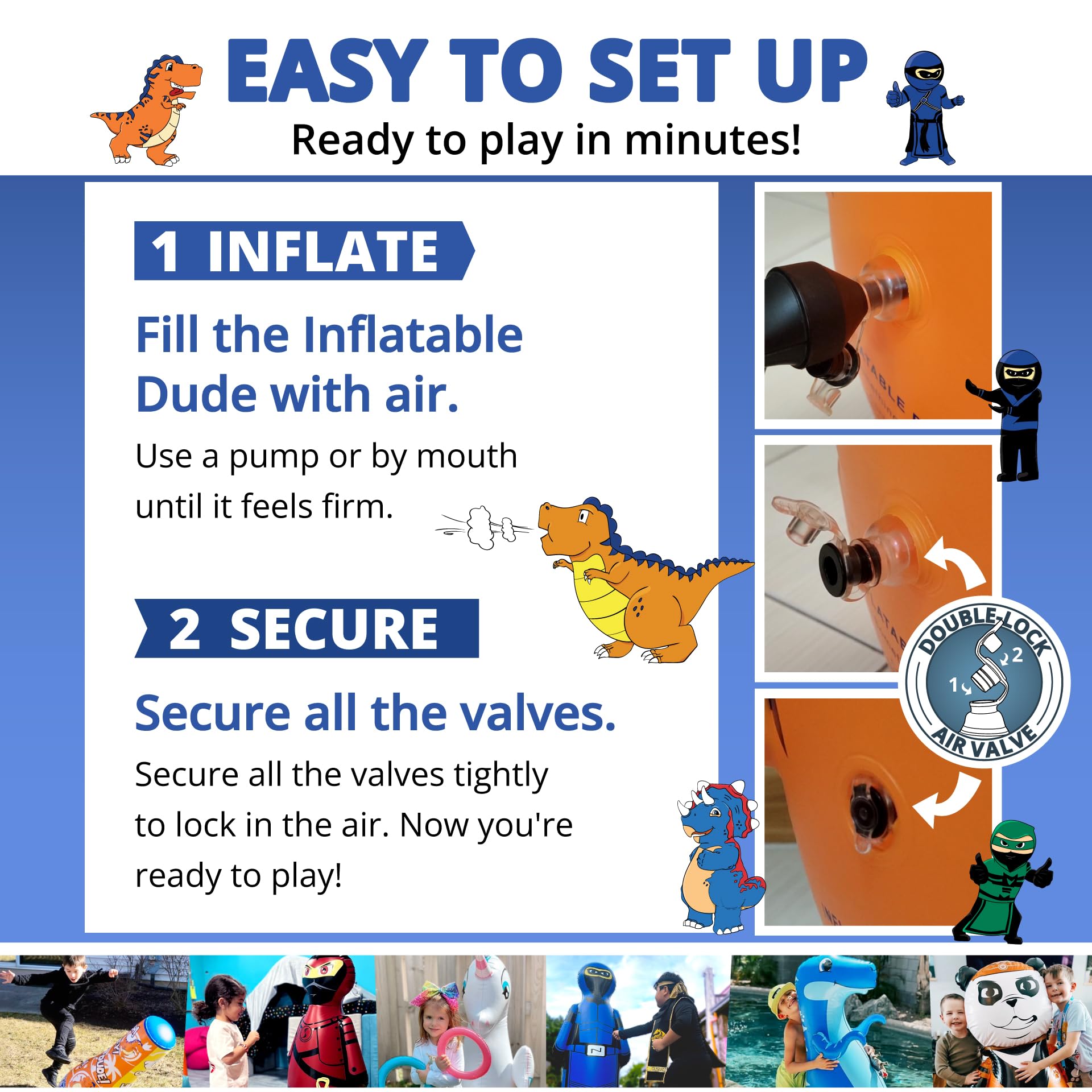 Inflatable Dudes Ninja Toy easy setup in minutes for quick play.