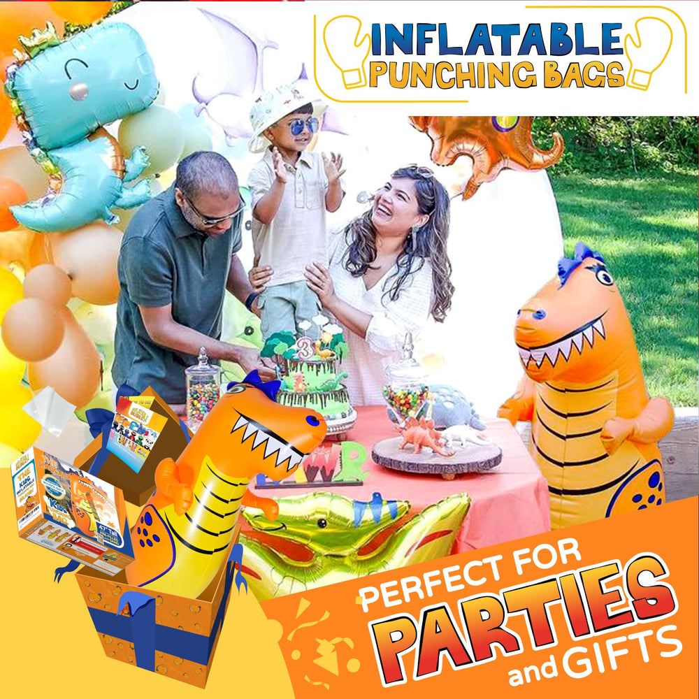 Inflatable Dudes T-Rex punching bag demonstrates easy setup for quick play sessions.