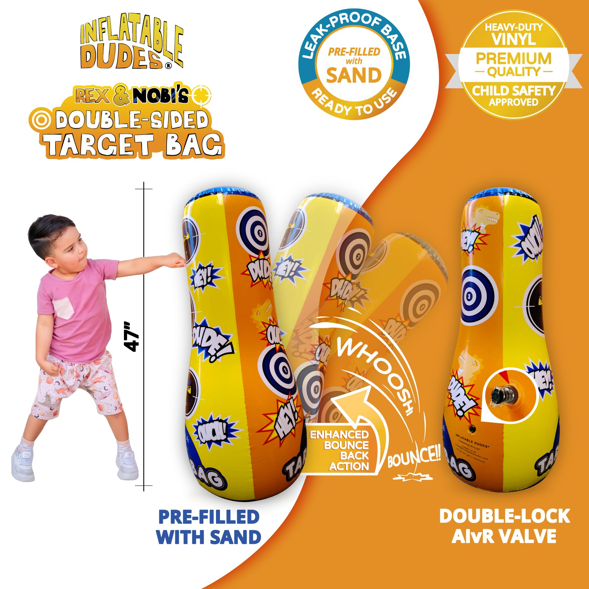 Inflatable Dudes Ninja-Dino 47in back view, double-sided design encourages imaginative play.