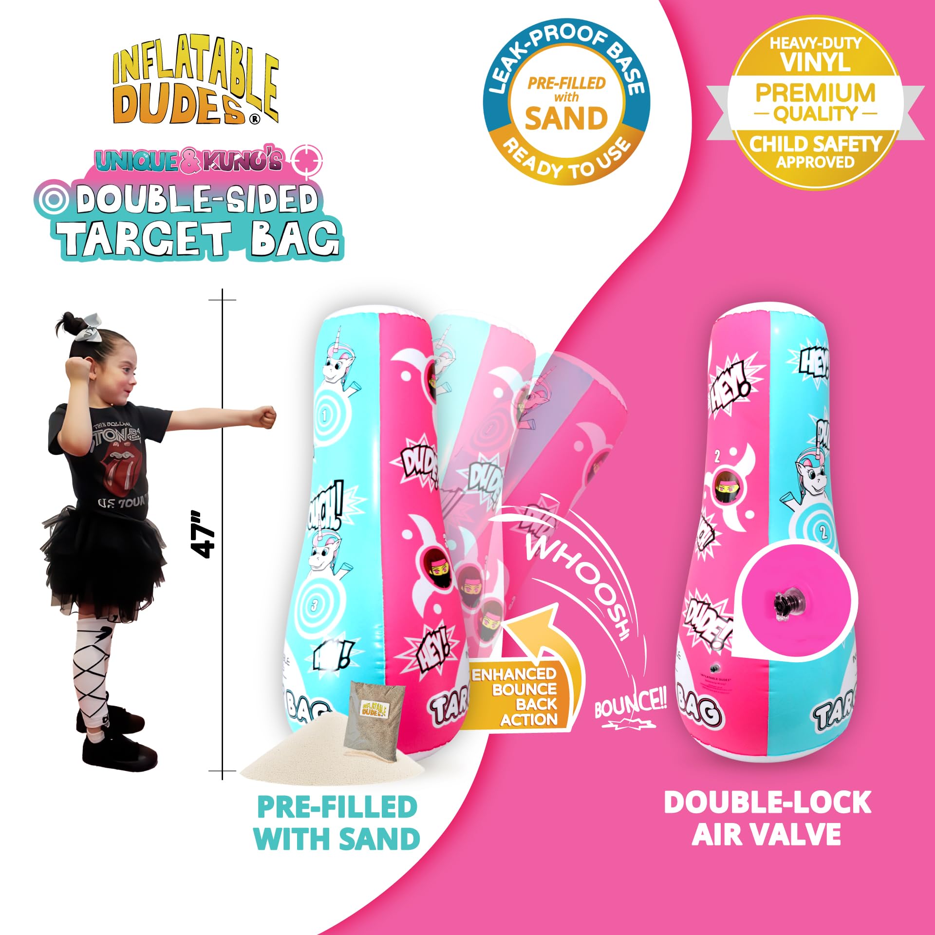 Inflatable Dudes unicorn ninja close-up showing bounce-back action for energetic play