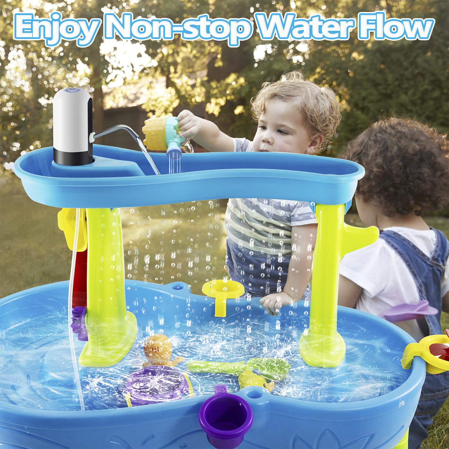 Infowush Water Table Pump cordless battery operation enables backyard play.