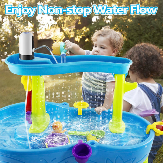 Infowush Water Table Pump cordless battery operation enables backyard play.