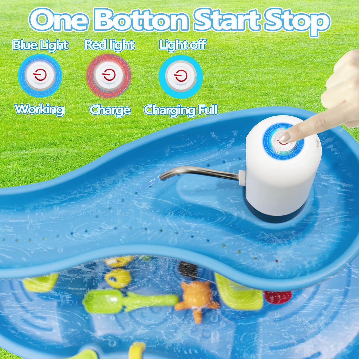 Infowush Water Table Pump outdoors with no cords for safe play.