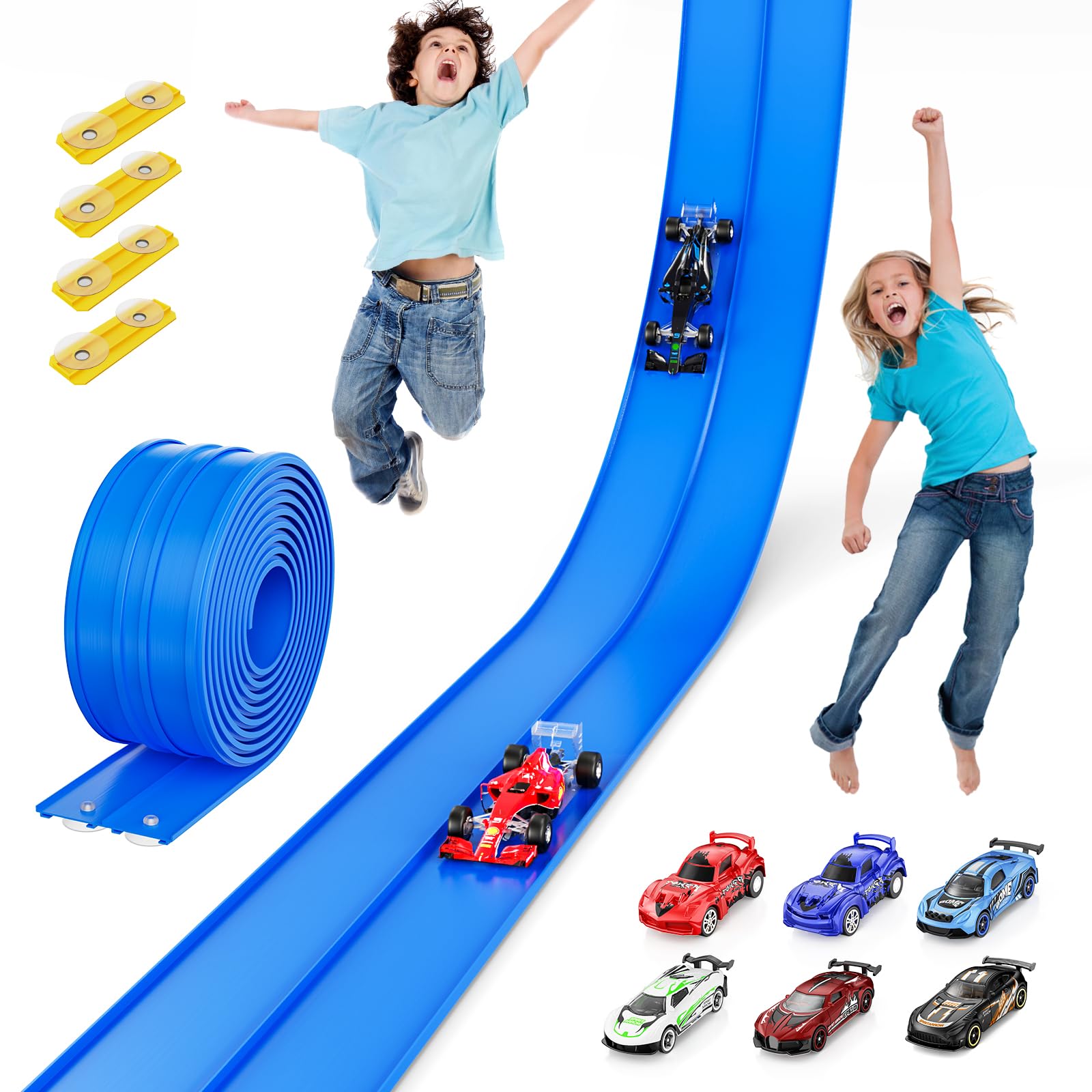 Ingbear 15ft flexible blue race track being assembled into loops.