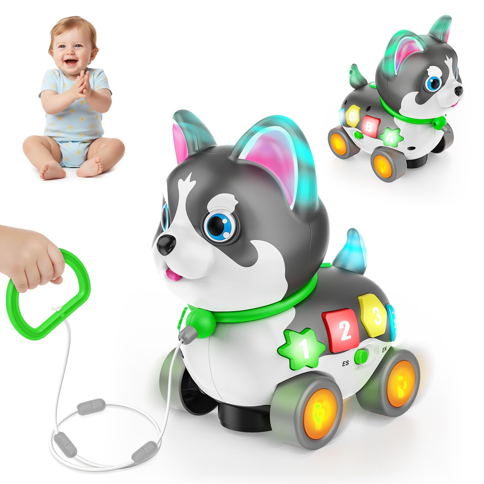 Ingbear musical baby toy with pull-along puppy for interactive grip and motor exploration.