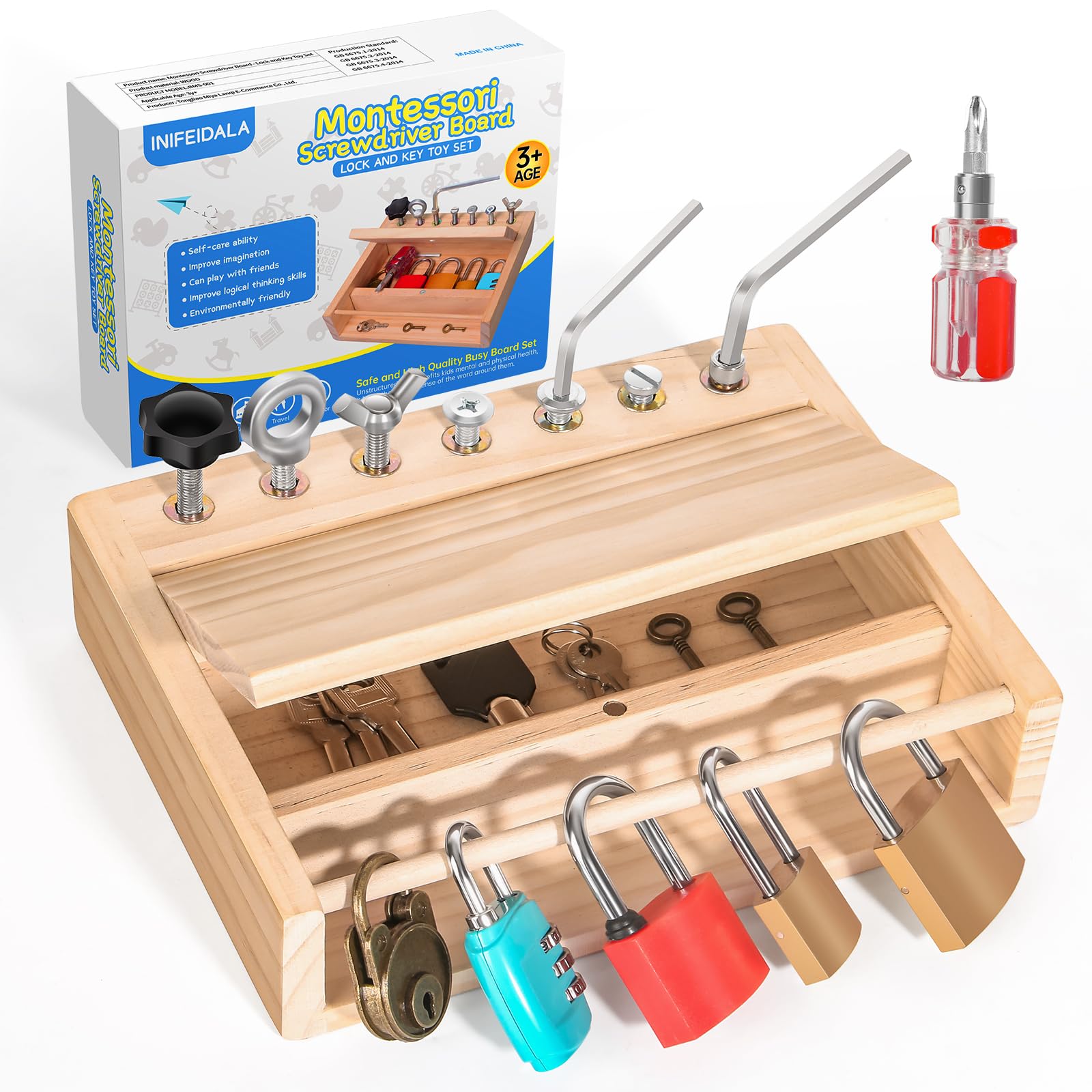 INIFEIDALA Montessori screwdriver board with locks and keys for hands-on learning and fine motor skills.