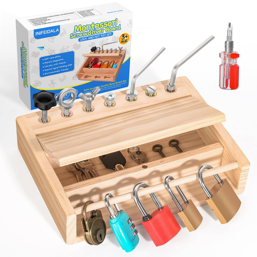 INIFEIDALA Montessori screwdriver board with locks and keys for hands-on learning and fine motor skills.